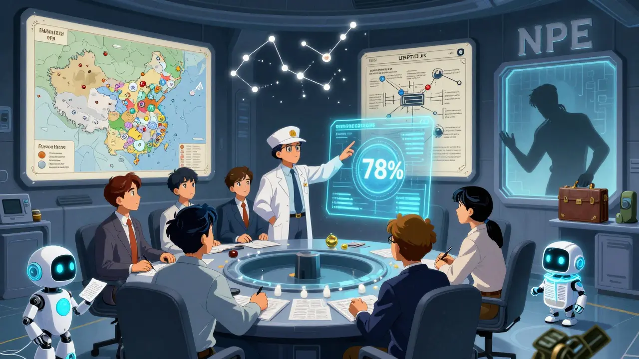 Team analyzes patent claims with AI and PEX interface in a high-tech war room.