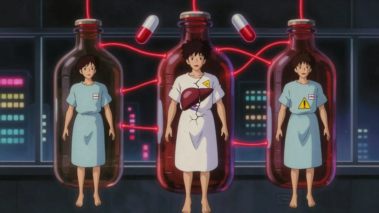 Three patients floating with alcohol and drug symbols, one showing a damaged liver.