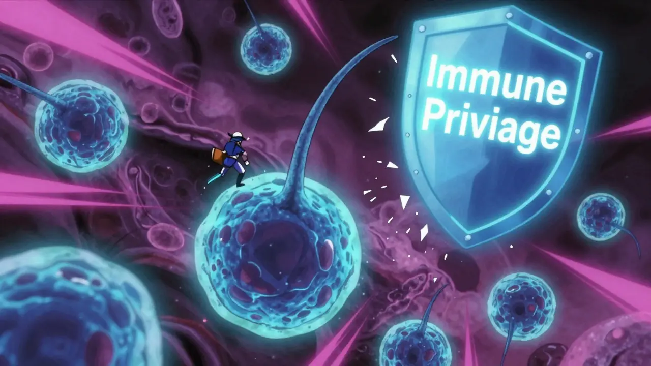 Tiny immune cells attacking a dormant hair follicle in a glowing storm, rendered in retro anime aesthetics.