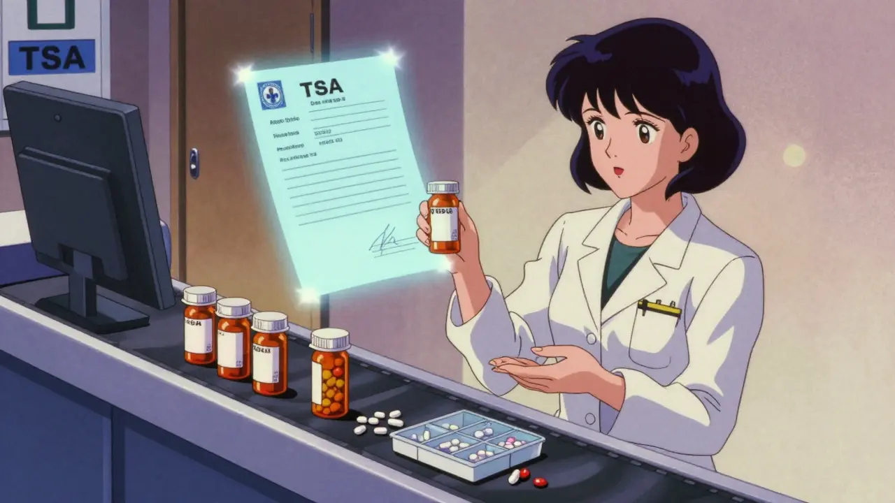 Woman presenting labeled prescriptions and doctor's letter at TSA checkpoint in retro anime style.
