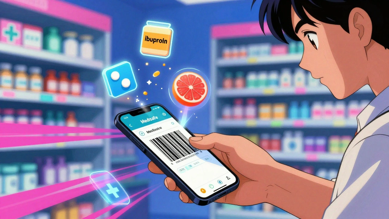 Young adult scanning a pill bottle with smartphone, digital icons of medications and grapefruit floating nearby.