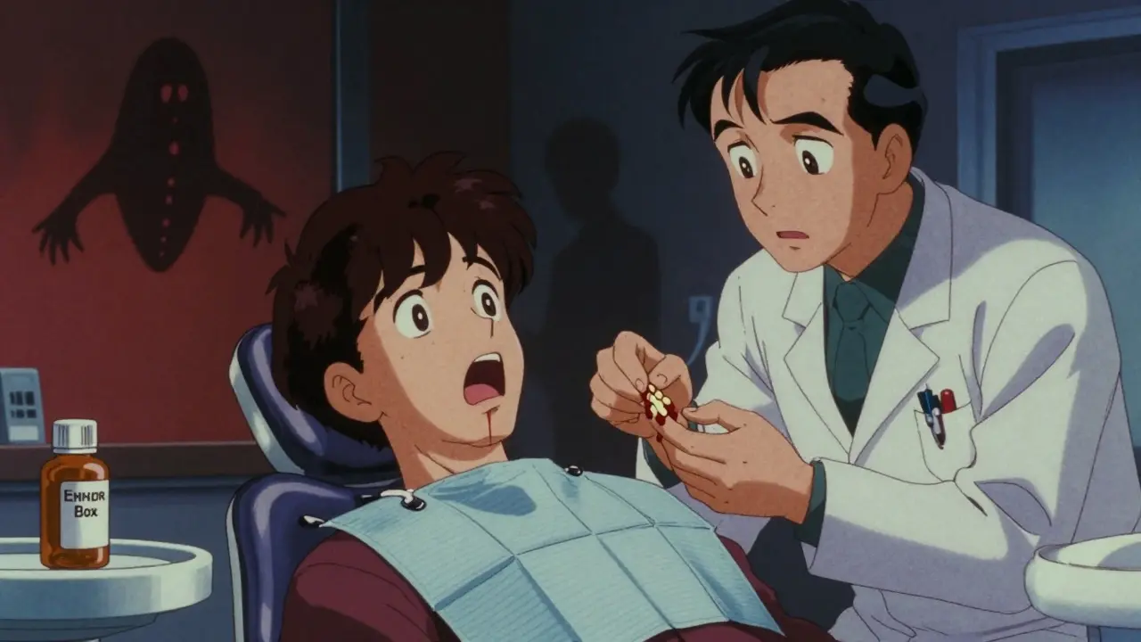 Young man bleeding during dental procedure as garlic supplements sit on counter