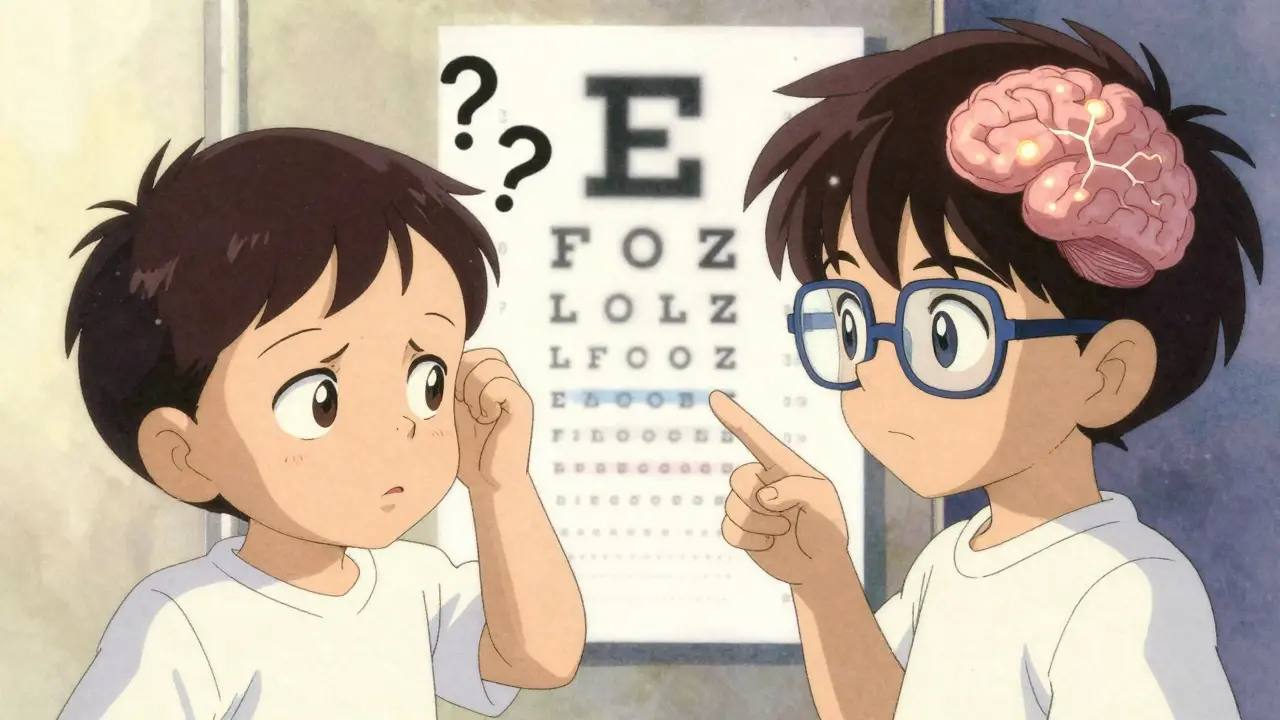 A child struggling with a blurry eye chart on one side, then seeing clearly with glasses on the other.