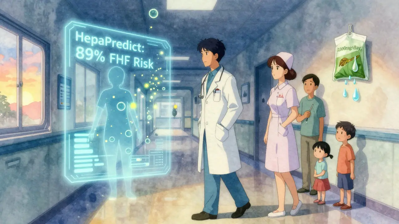A doctor facing an AI diagnostic screen as glowing molecules rise from a patient, with a green tea bag in the background.