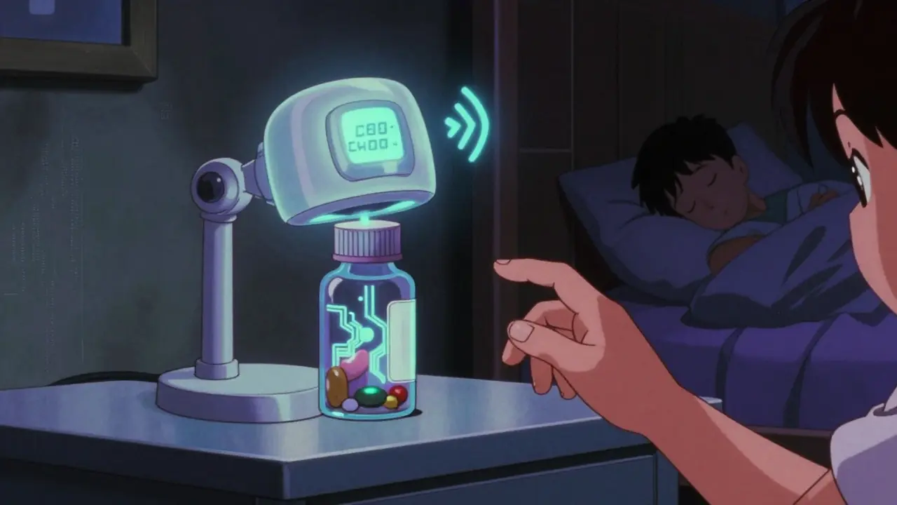 A glowing smart medicine cap with digital notifications, child reaching toward it in dark room.