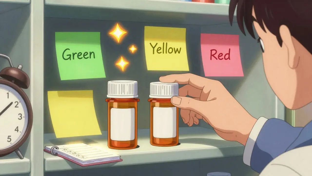 A medicine shelf with color-coded labels and a notebook tracking expiration dates using FIFO method.