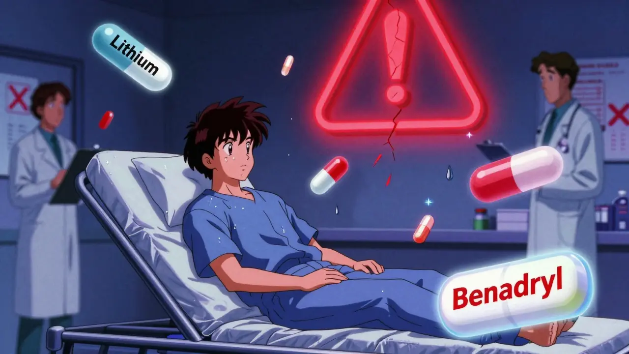 A patient on a hospital gurney surrounded by floating pills and a massive red warning symbol in retro anime style.