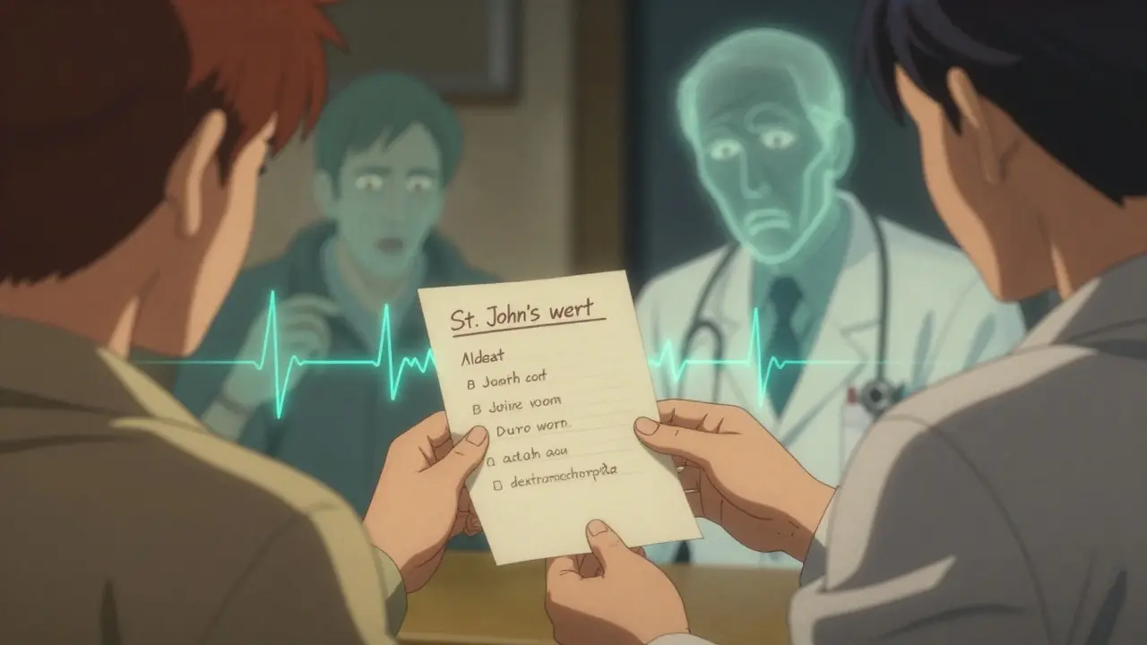 A person handing a medication list to a doctor while ghostly drug entities loom behind them in retro anime style.