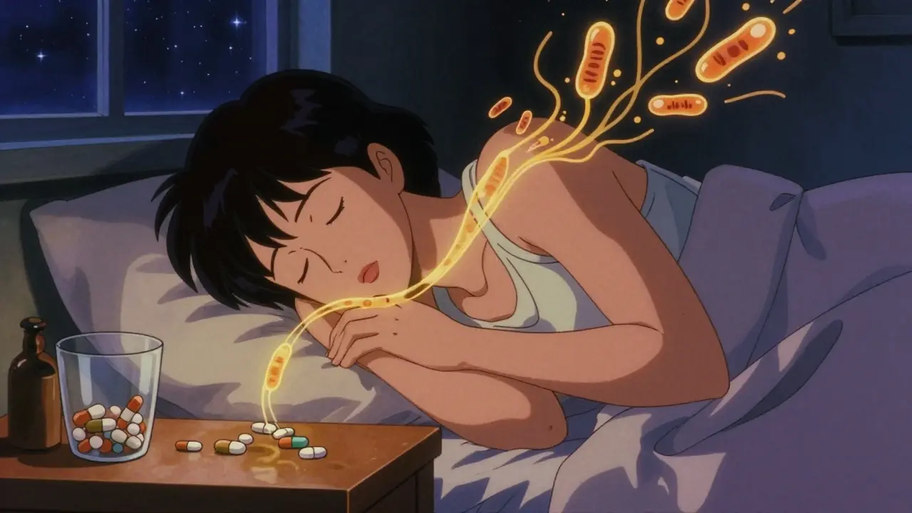 A person sleeping as golden probiotic microbes flow from a pill into their body, with antibiotic pills nearby.