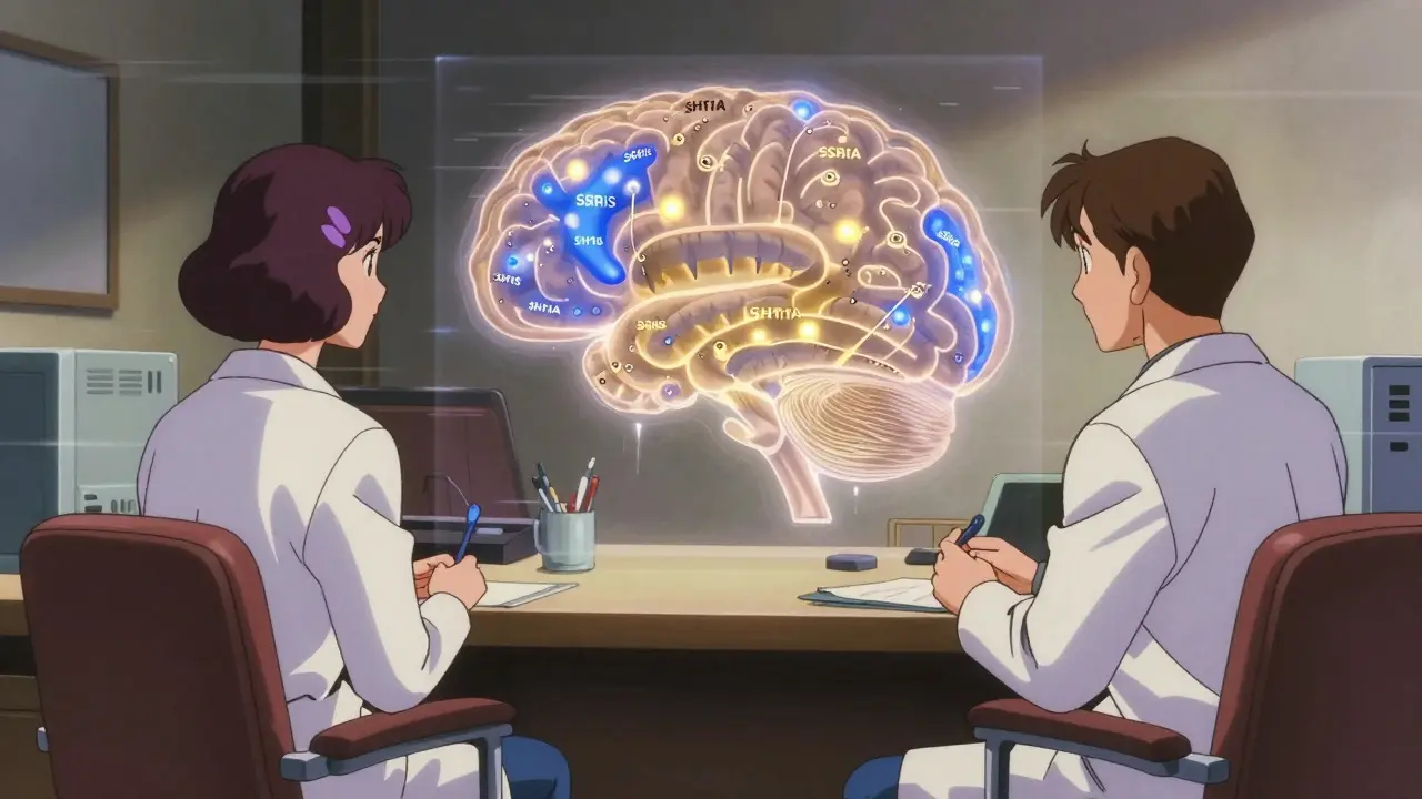 A psychiatrist and patient in a calm office, with a transparent brain illustration showing serotonin receptors lighting up in retro anime style.