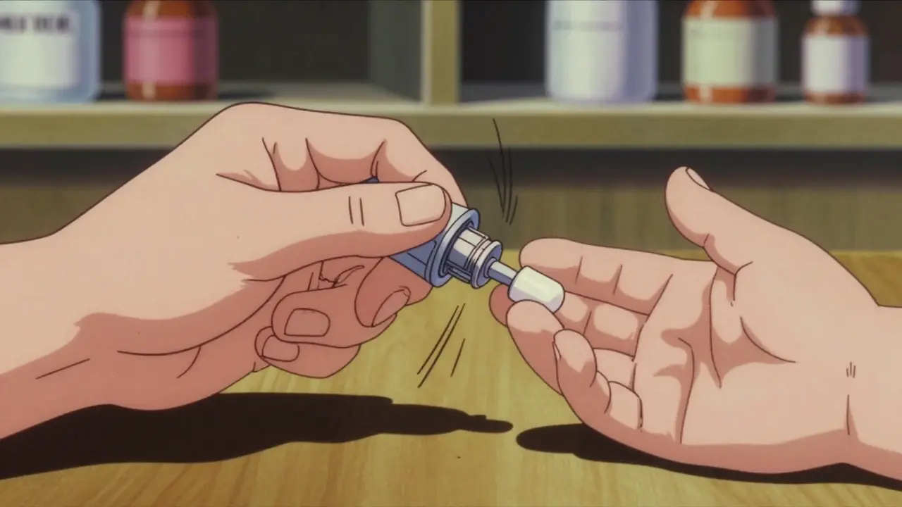 An elderly hand and a child's hand both struggling with a medicine cap in retro anime style.