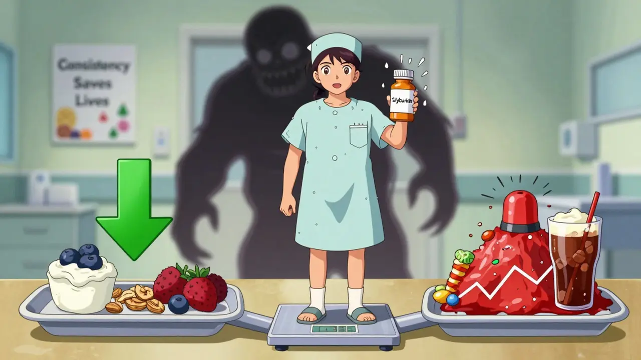 Anime-style patient torn between healthy and sugary meals, with hypoglycemia warning signs looming.