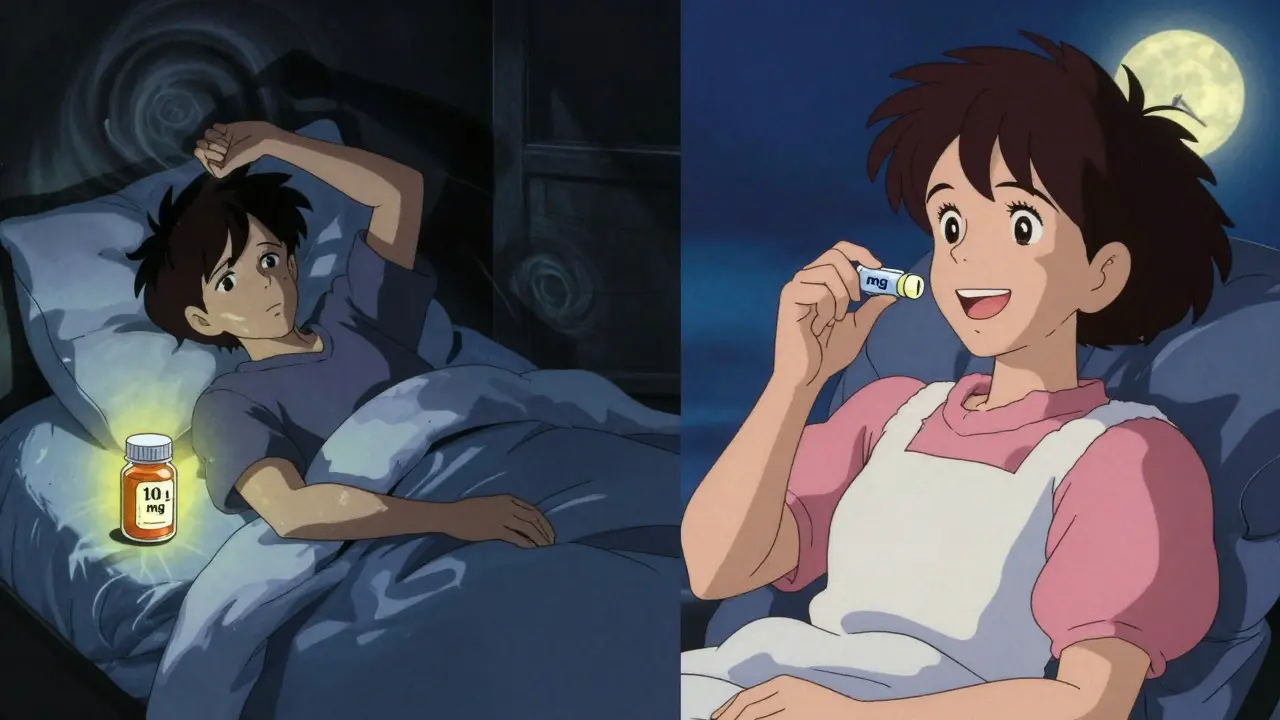 Contrasting scenes: one with high-dose melatonin causing sleeplessness, another with low dose and calm night sky.