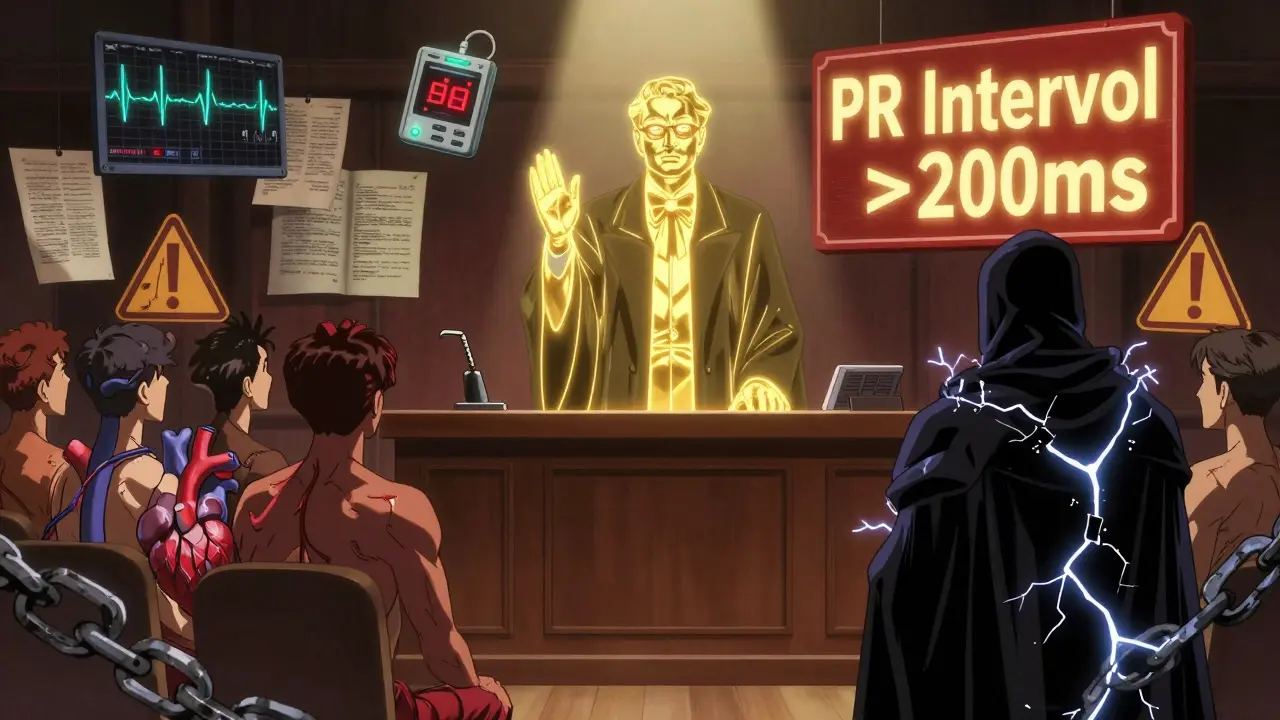 Courtroom inside a heart with amlodipine on trial against verapamil, surrounded by ECG evidence.