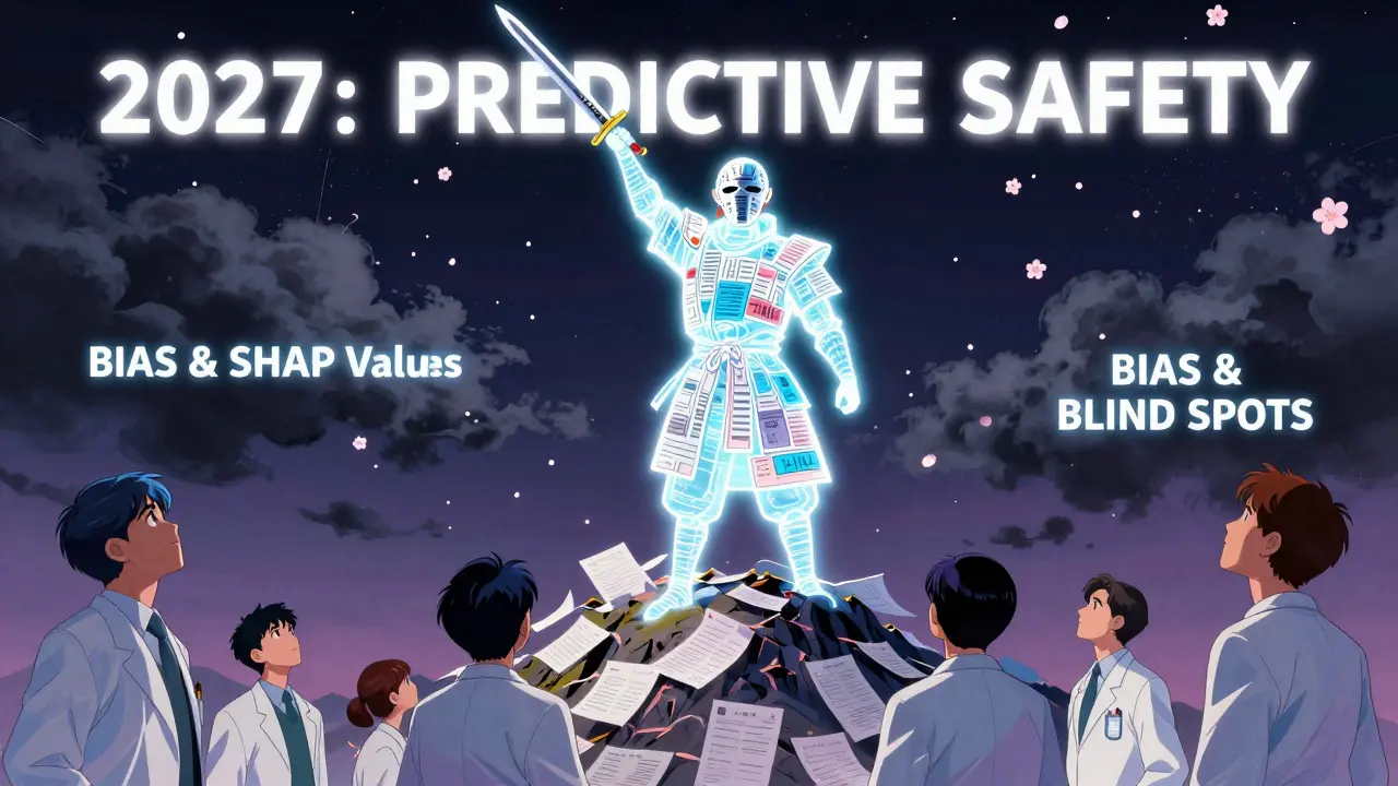 Cyber-samurai AI warrior defeats bias with explanations, standing on discarded reports under glowing sky.