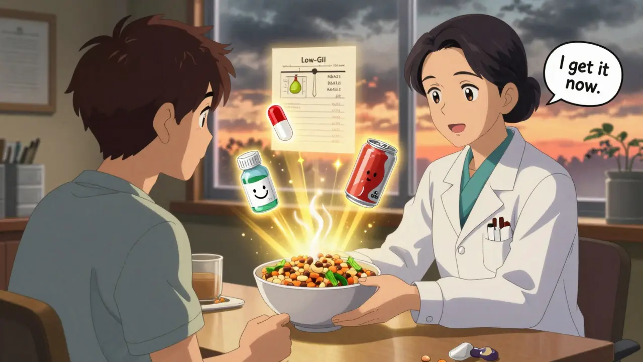 Dietitian guides patient toward healthy foods as glowing icons of better diabetes control surround them.