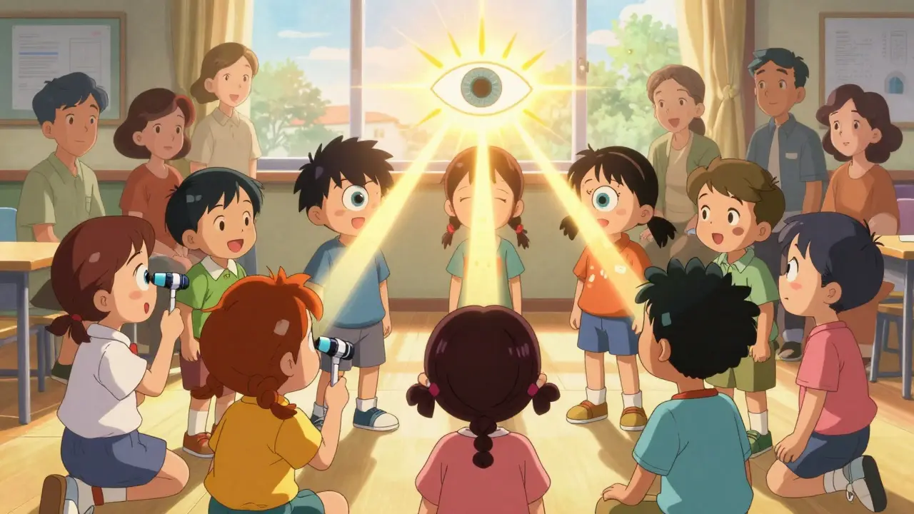 Diverse children undergoing vision screening in a sunlit center, connected by glowing light rays from their eyes.