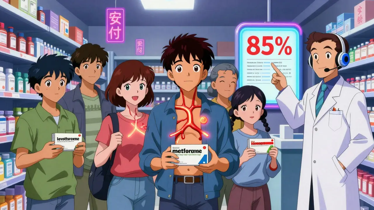 Diverse patients in pharmacy aisle with glowing blood vessels, pharmacist pointing to a usage chart in retro anime style.