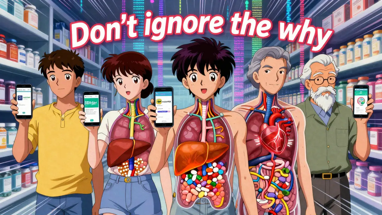 Diverse people with transparent bodies showing internal drug pathways, holding smartphones with medical apps.