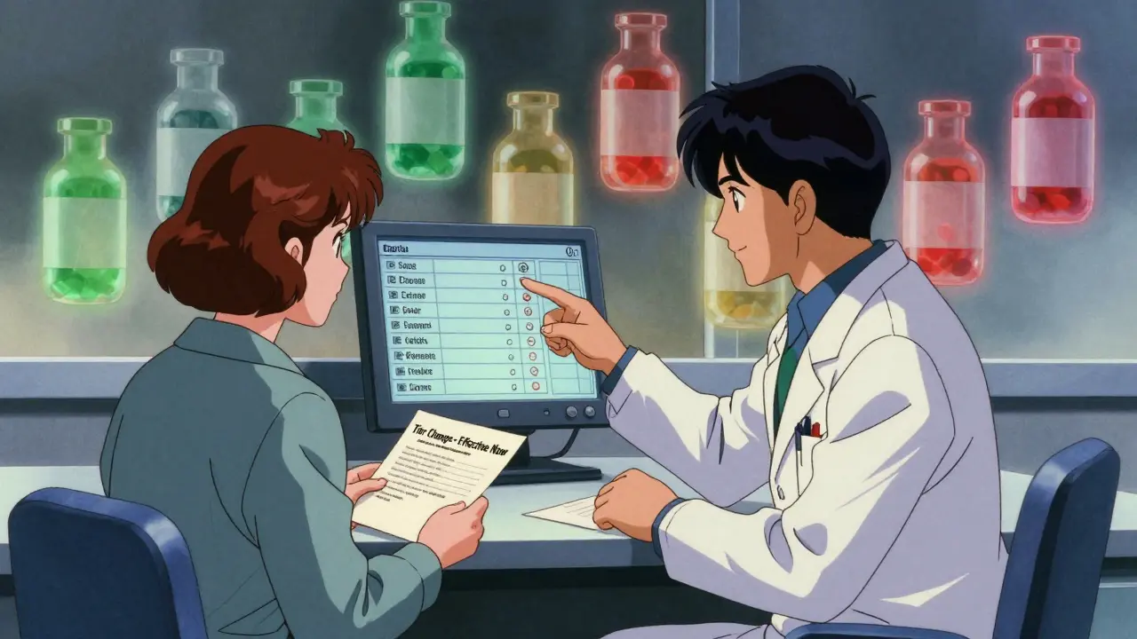 Doctor and patient reviewing a formulary screen showing drug tiers changing from green to red.