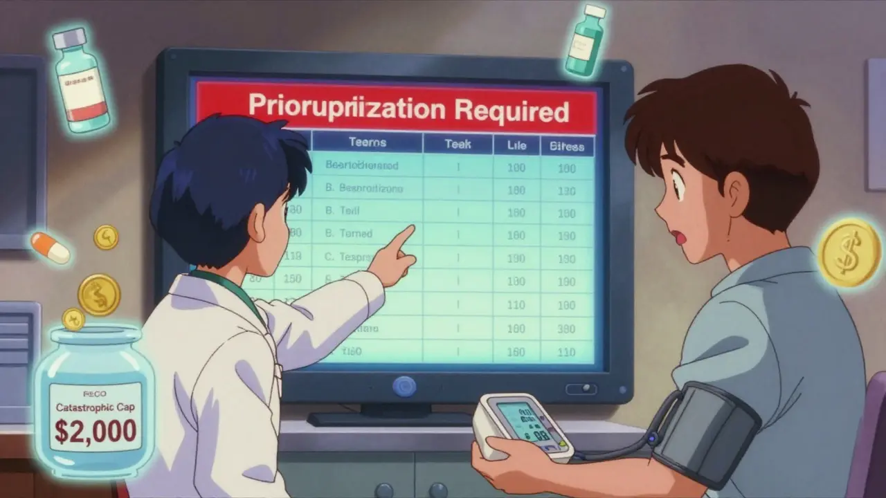 Doctor and patient reviewing formulary screen with prior authorization alert in 1980s anime aesthetic.