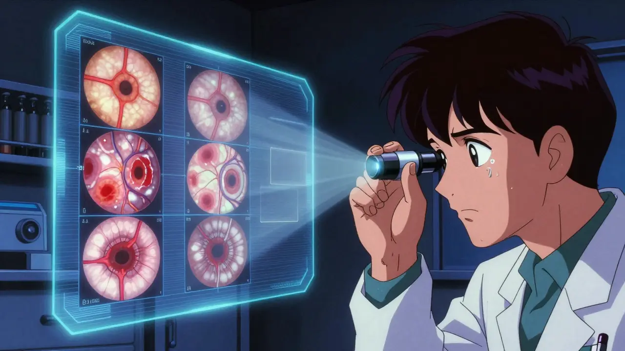 Doctor examining an eye with holographic stages of hypertensive retinopathy displayed in retro anime style.
