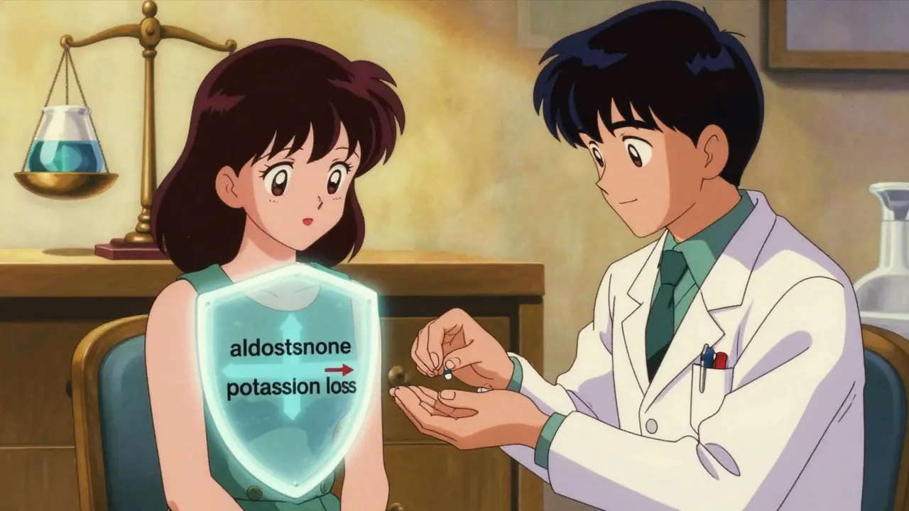 Doctor giving spironolactone pill as protective shield blocks potassium loss