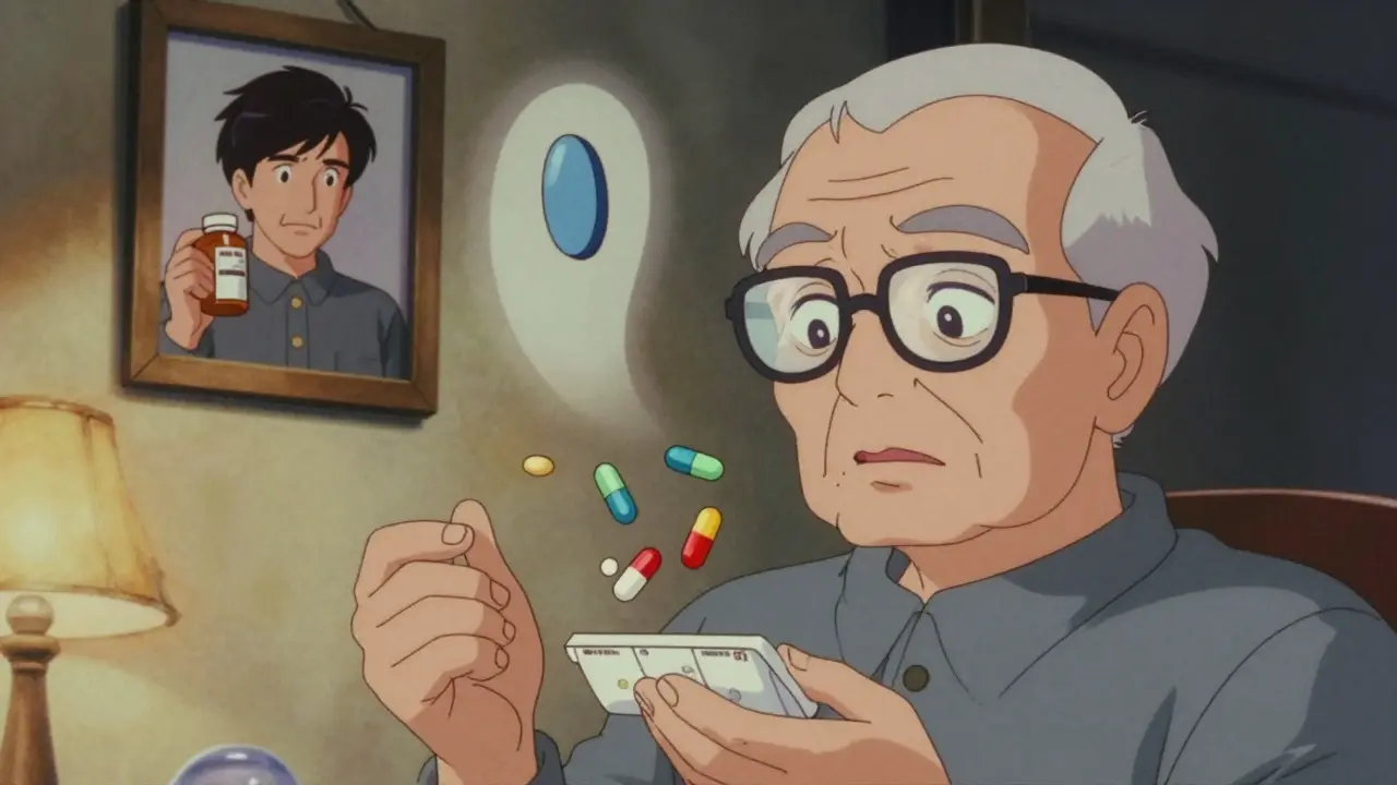 Elderly man confused by multiple differently shaped pills in his organizer.