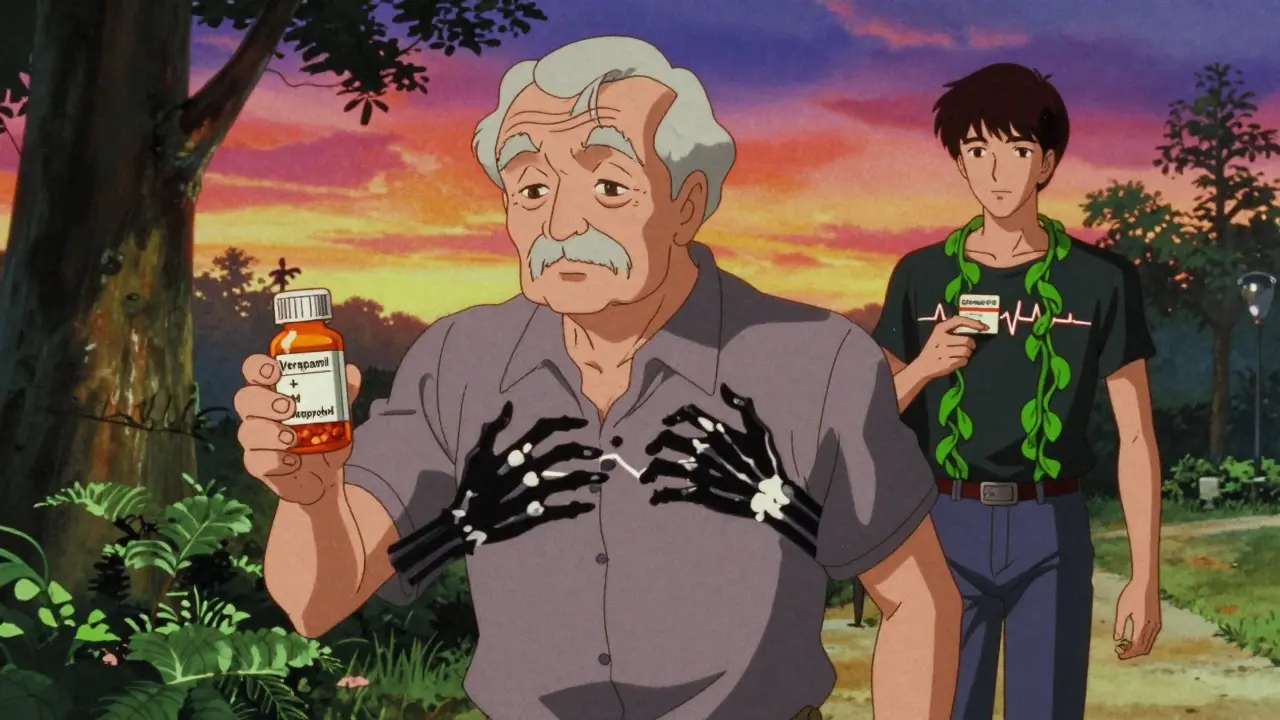 Elderly patient with shadowy hands pulling heartbeat, contrasted with healthy patient under sunset.