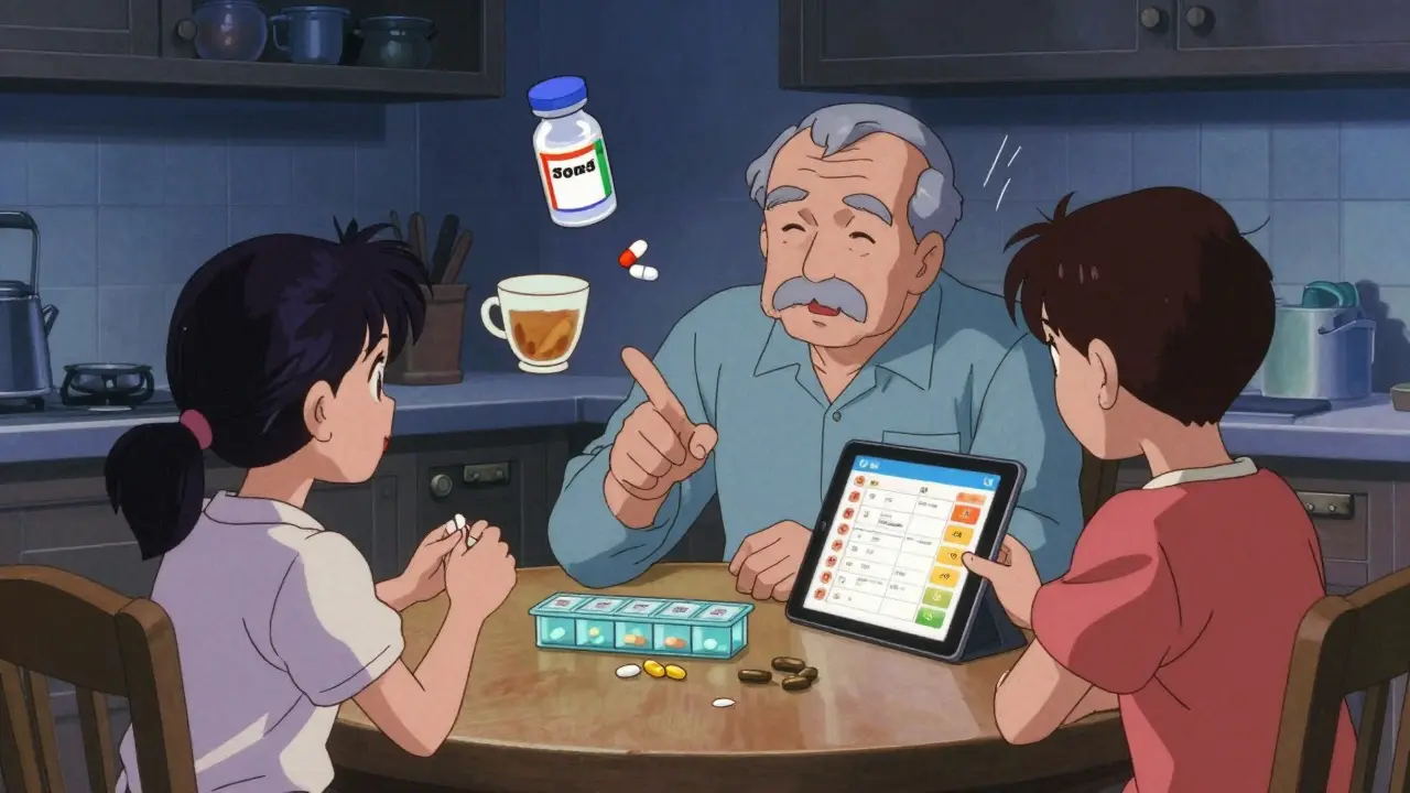 Family at kitchen table reviewing medications with a tablet showing a visual schedule, pills and supplements floating above.