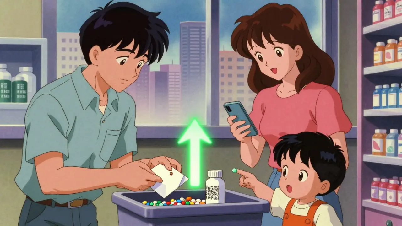 Family disposing of expired meds at a pharmacy take-back bin, toddler pointing at a colorful pill, QR code scanning on phone.