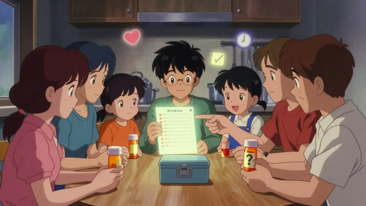 Family reviewing medication bottles at kitchen table with locked box