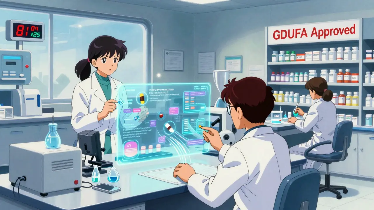 Futuristic FDA lab with holograms and glowing data streams, symbolizing fast generic drug reviews.