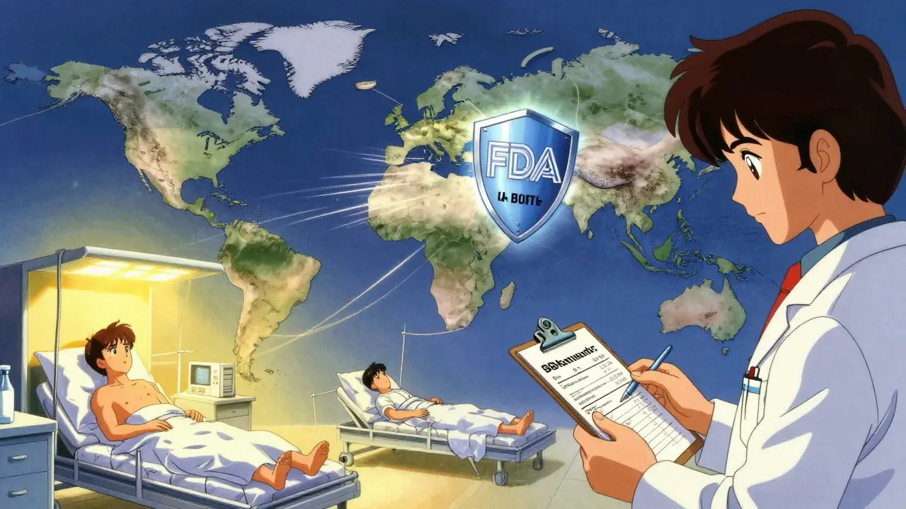 Global drug supply chain with a glowing FDA lifeline extending expiration dates to an ICU.