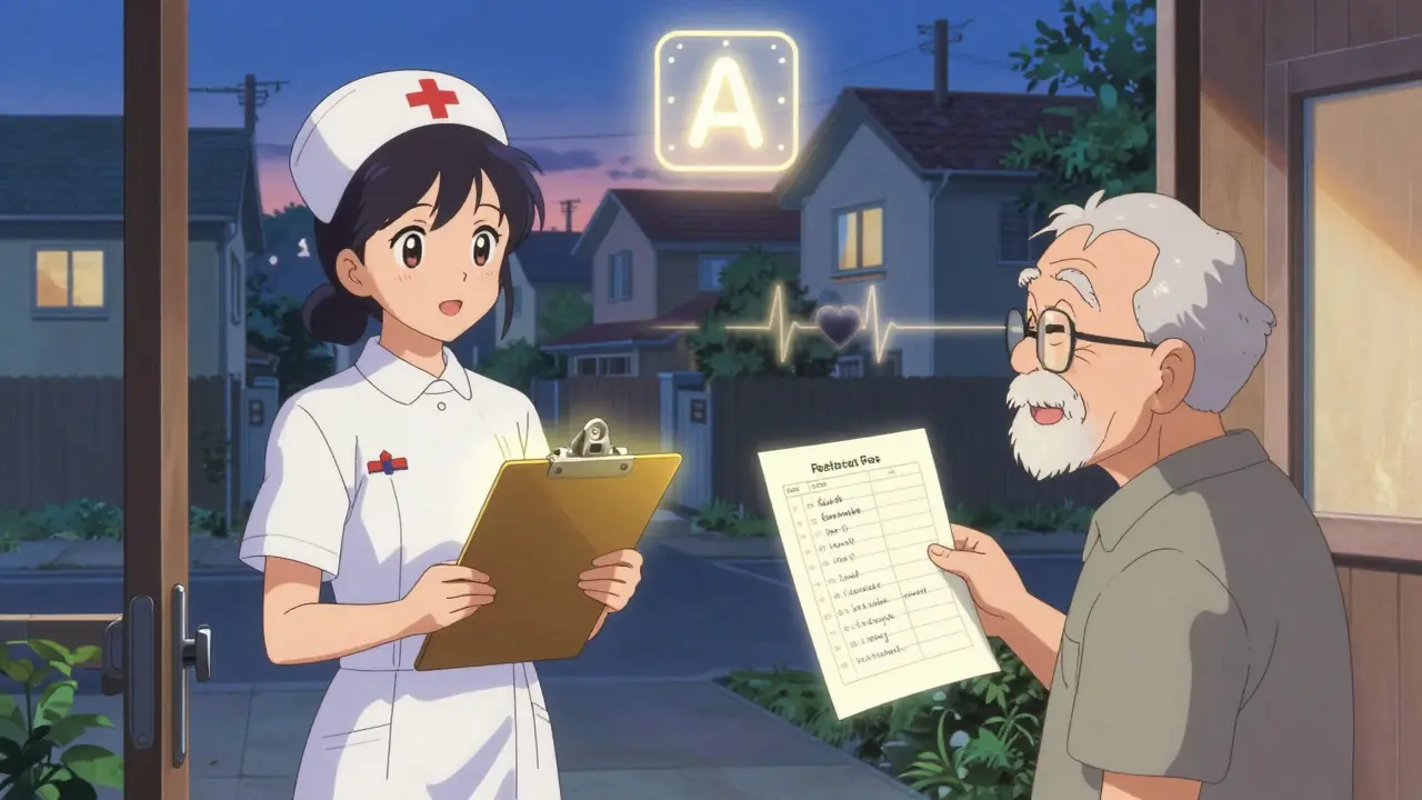 Home health nurse arrives at a senior's home at dawn, both holding matching medication lists with glowing accuracy.