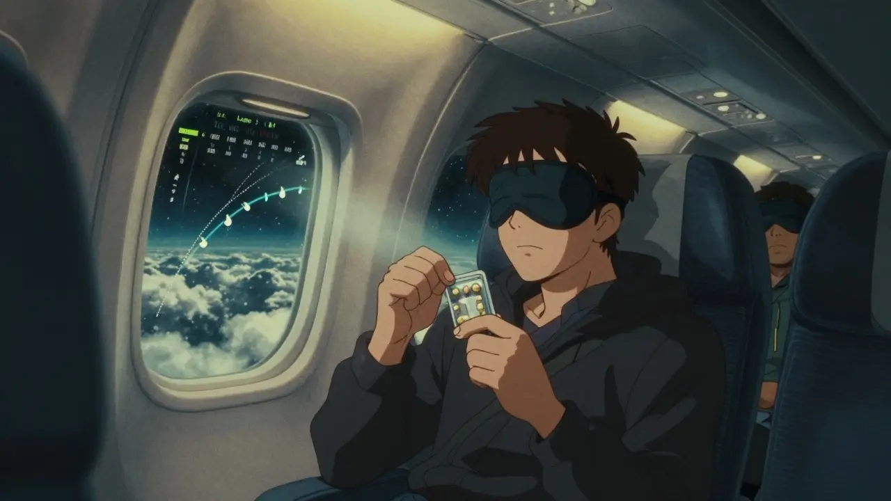 Jet-lagged traveler on a plane taking fast-release melatonin as stars shine outside.