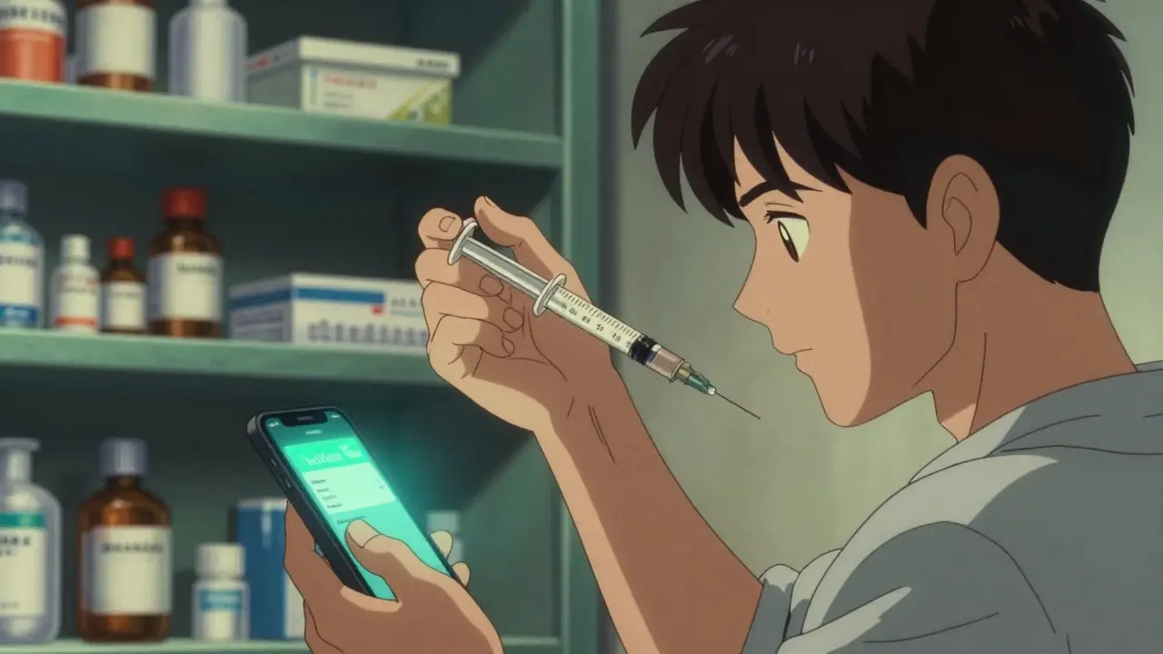 Man measuring liquid medication with syringe as phone alarm glows