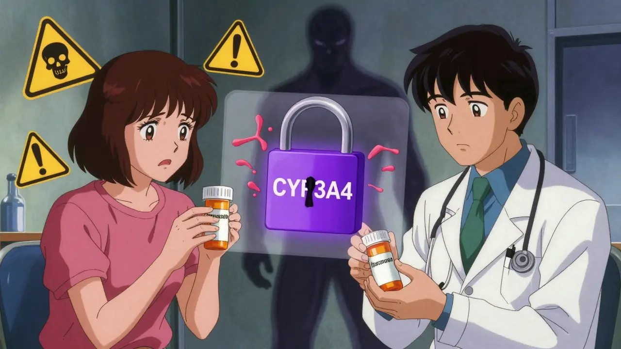 Patient and doctor facing off over dangerous drug interaction warnings in retro anime style.