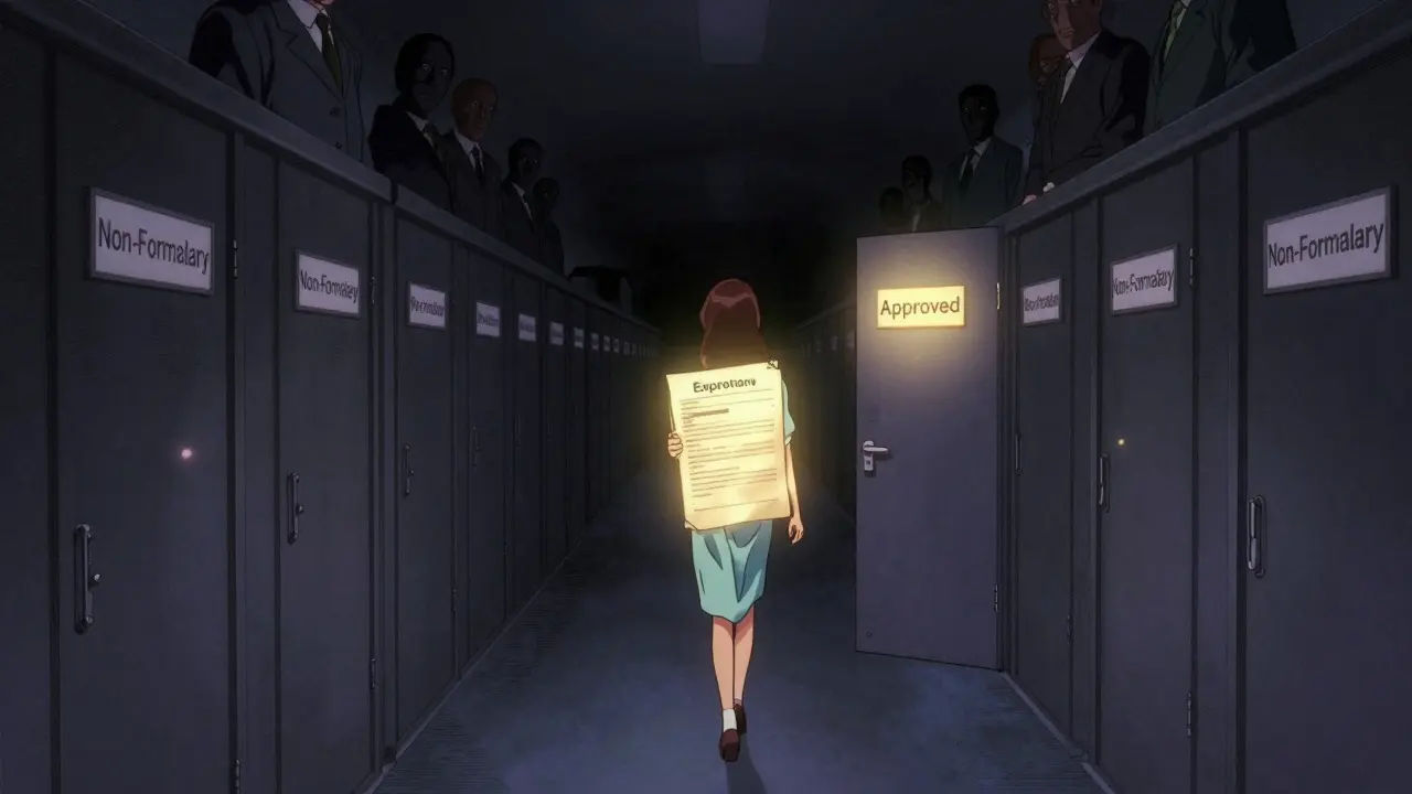 Patient walks through a dark tunnel of locked non-formulary doors, holding a glowing exception request.