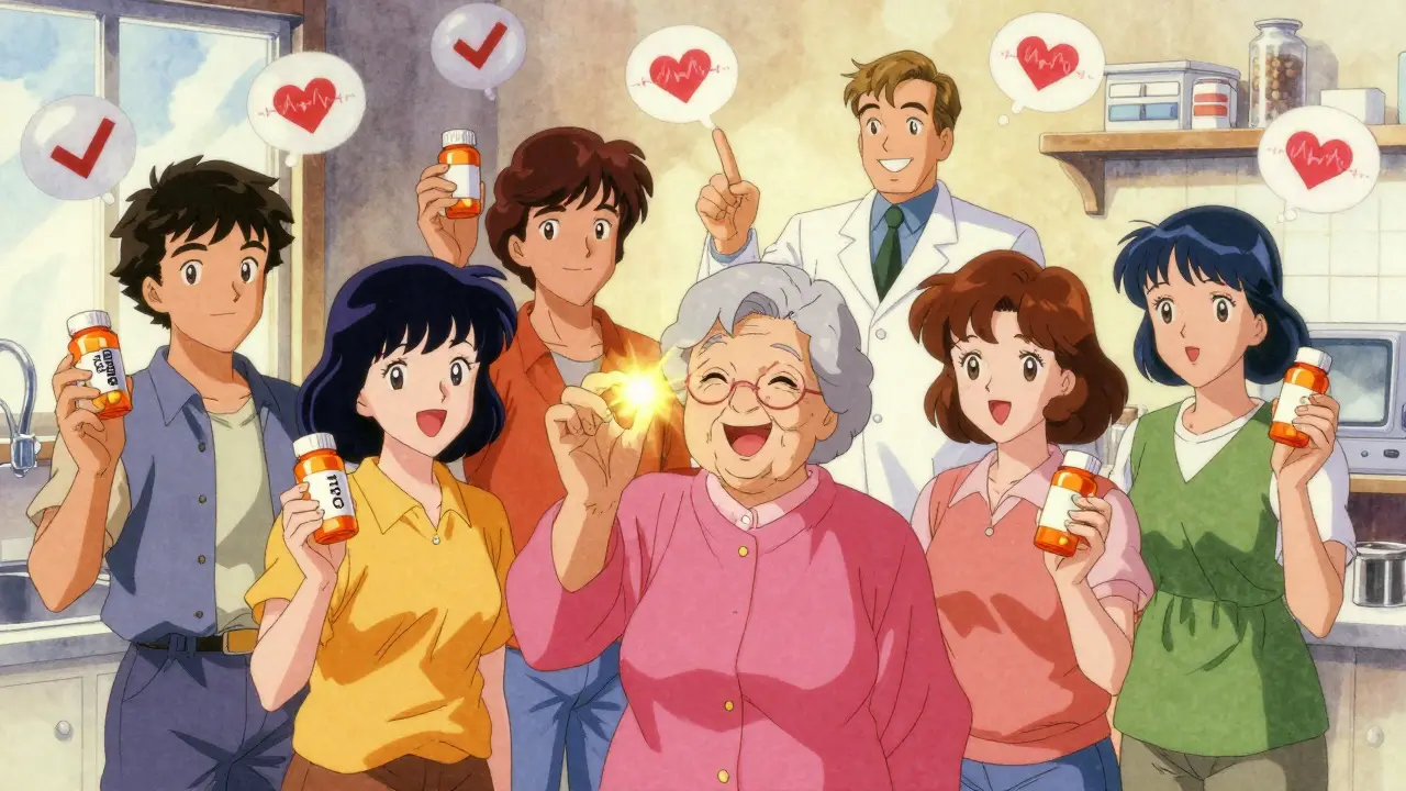 Patients smiling with pills in hand, all identical, pharmacist pointing confidently in background.