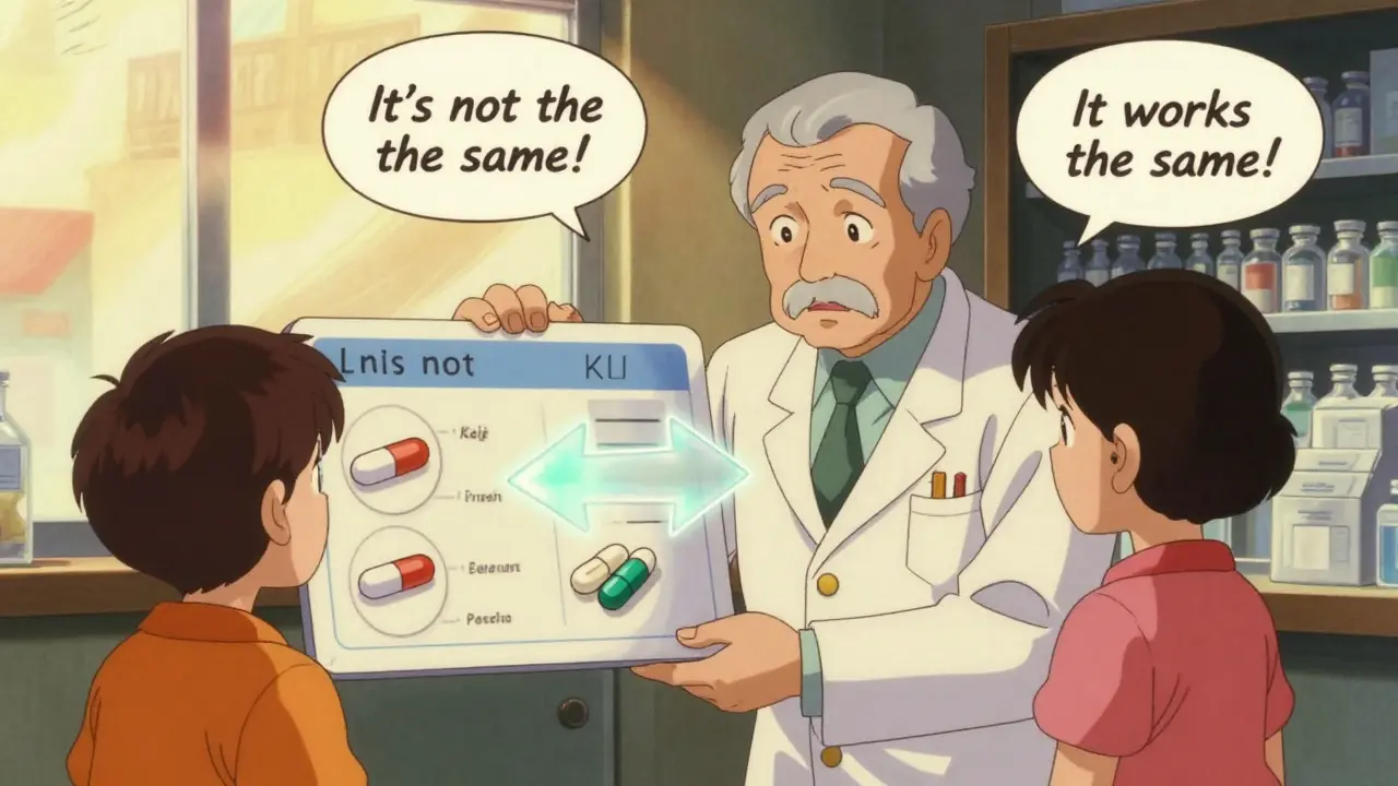 Pharmacist showing a senior and caregiver a visual pill comparison card.