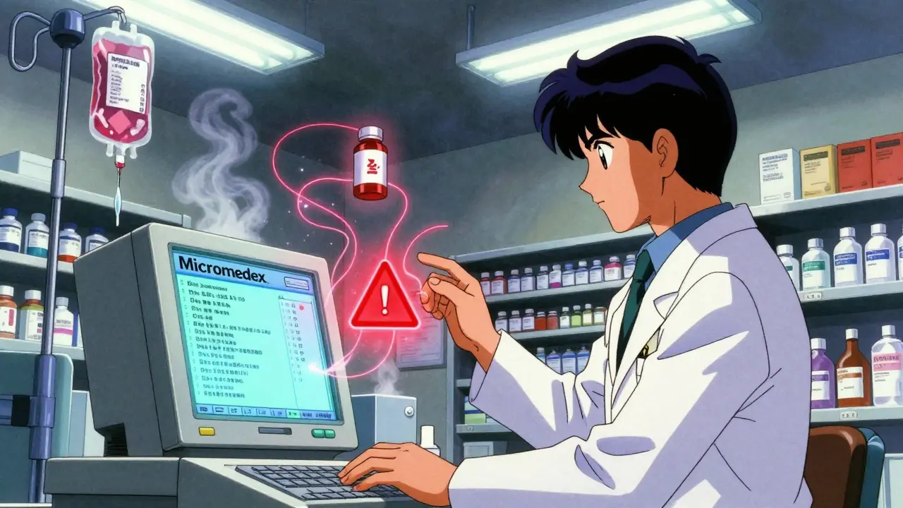 Pharmacist viewing drug interaction alerts on a glowing terminal in a neon-lit hospital pharmacy.