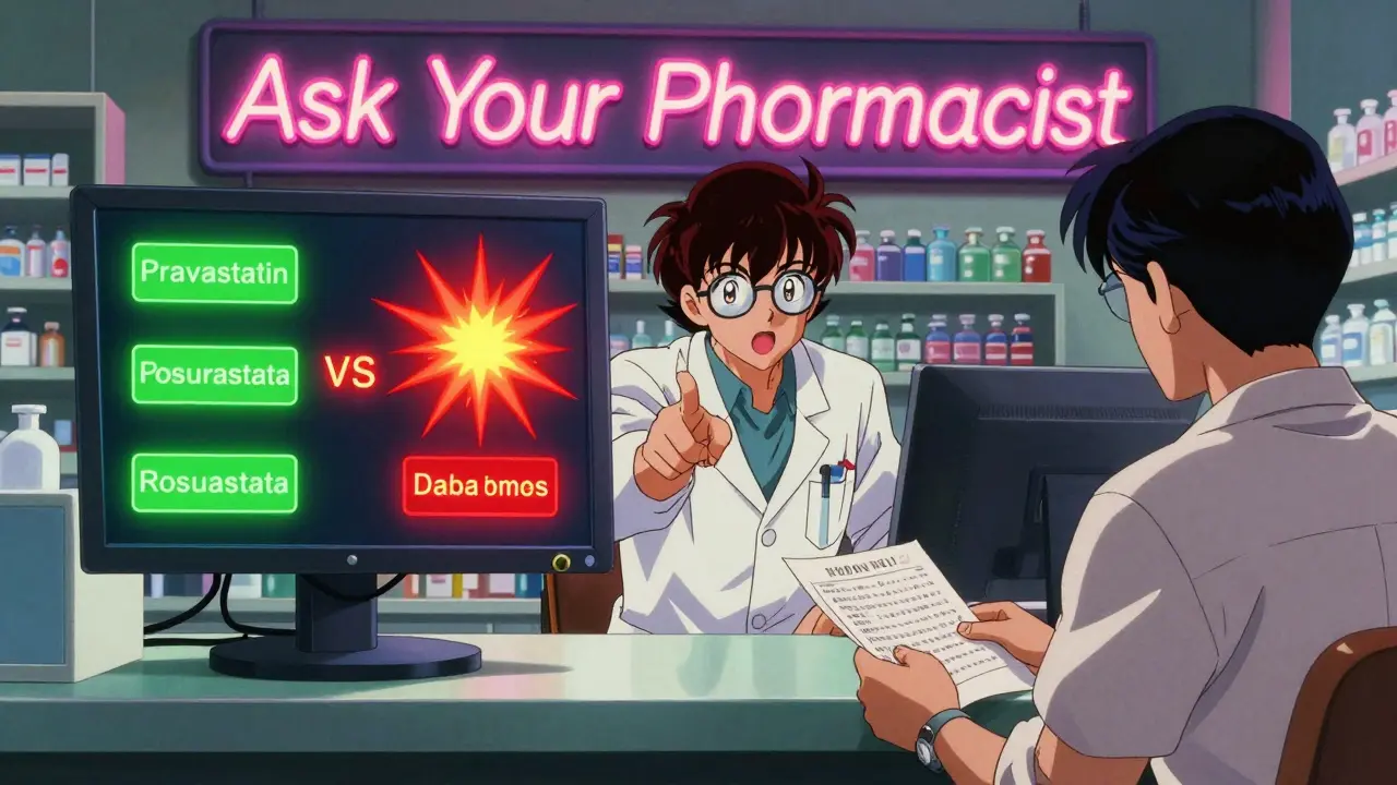 Pharmacist warning a patient about drug interactions with glowing safe and dangerous options.