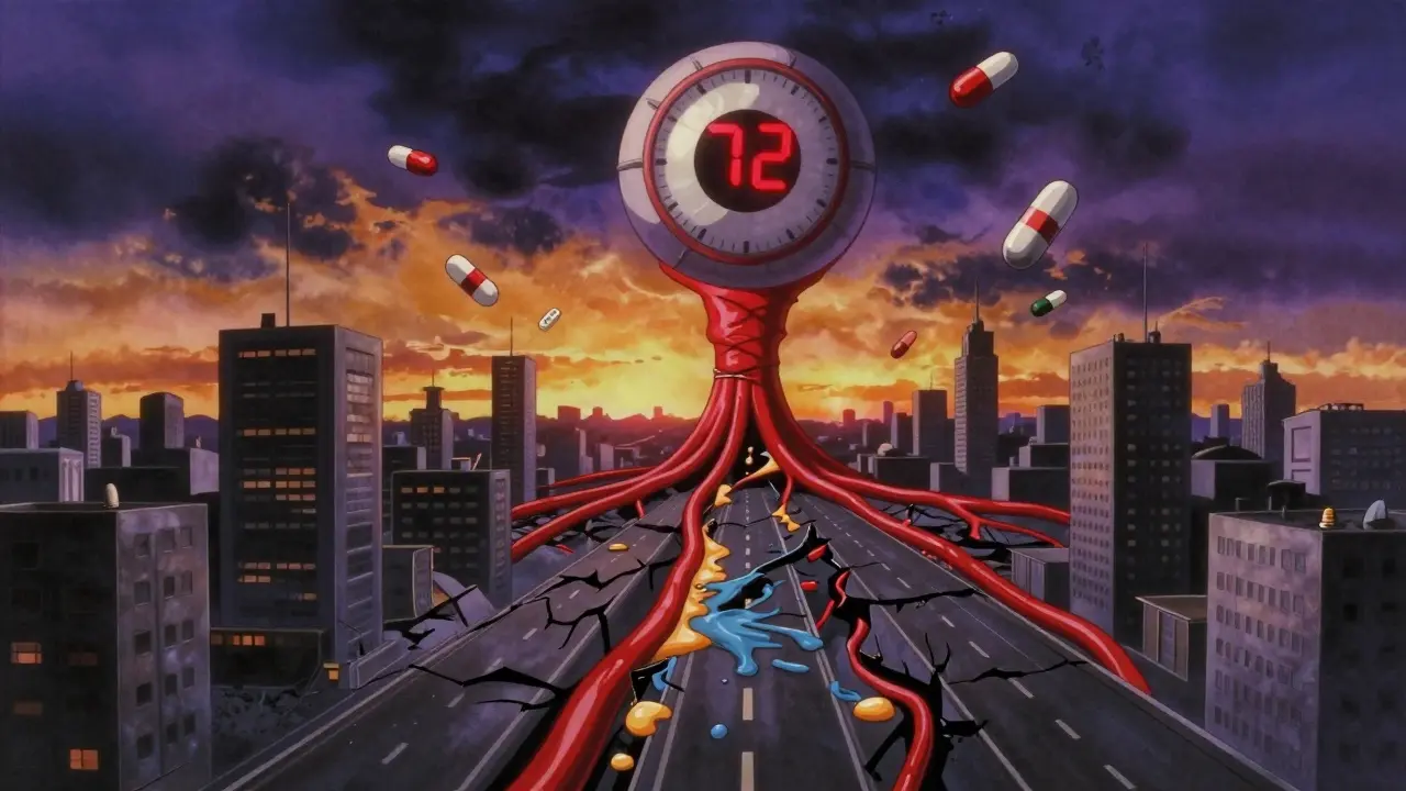 Retina as a crumbling cityscape with swollen optic nerve and glowing warning signs in retro anime style.