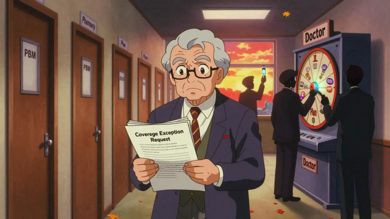 Senior confronting corporate formulary system while holding exception papers in retro anime style.