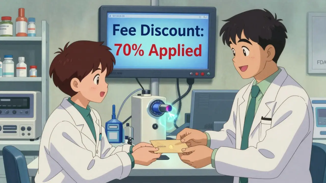 Small pharma lab with a fee discount display and FDA inspector, highlighting support for small businesses.