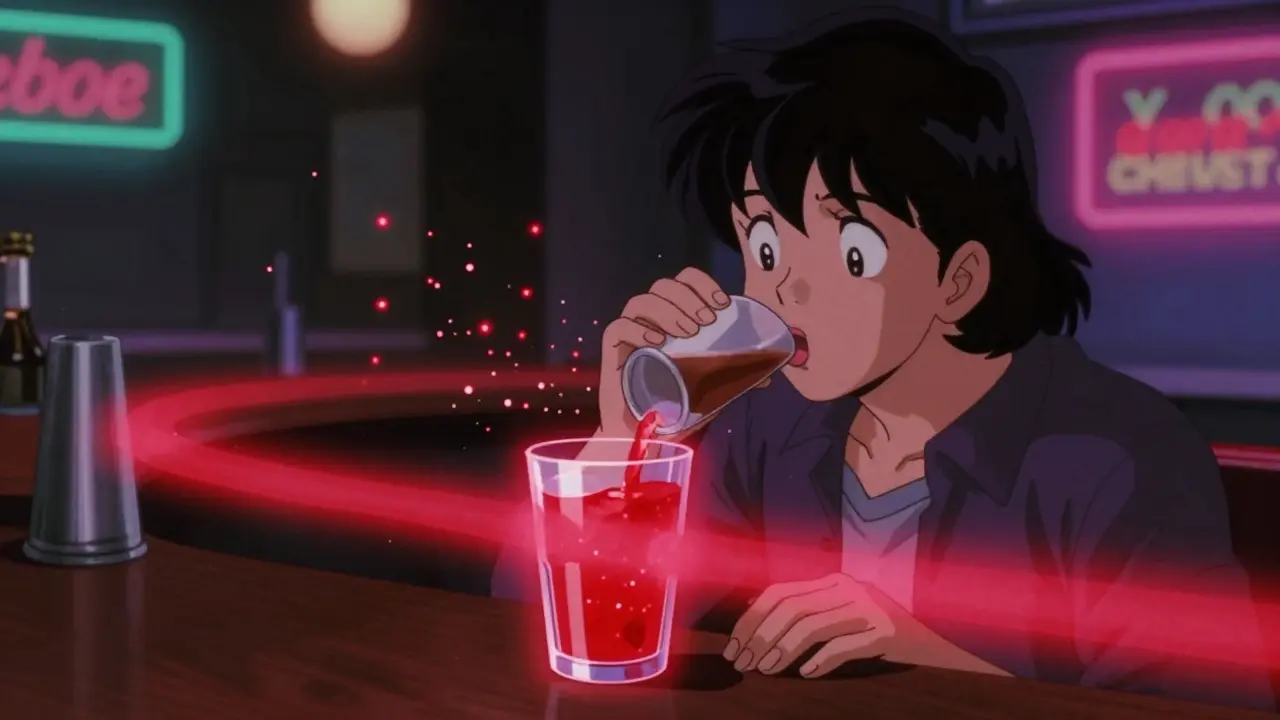 Someone at a bar as a red barrier blocks alcohol, dopamine particles fading, dramatic retro anime lighting.