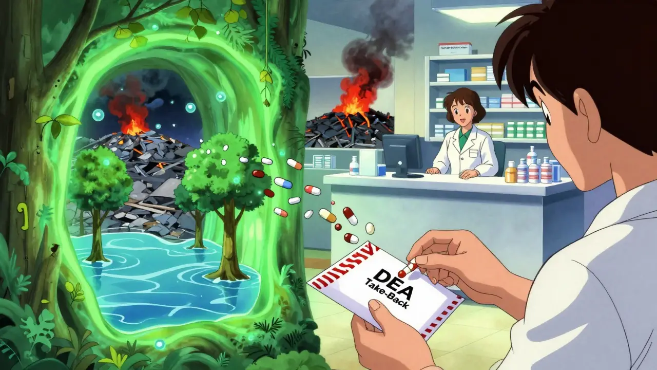 Someone disposing of meds via a mail-back envelope as pills turn into nature, contrasting pollution.