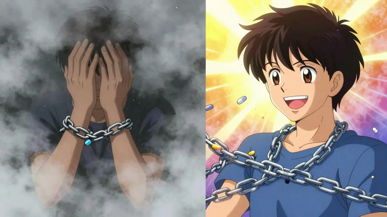 Split-panel anime scene: one side shows emotional numbness under gray fog, the other shows liberation and sunlight as chains dissolve.