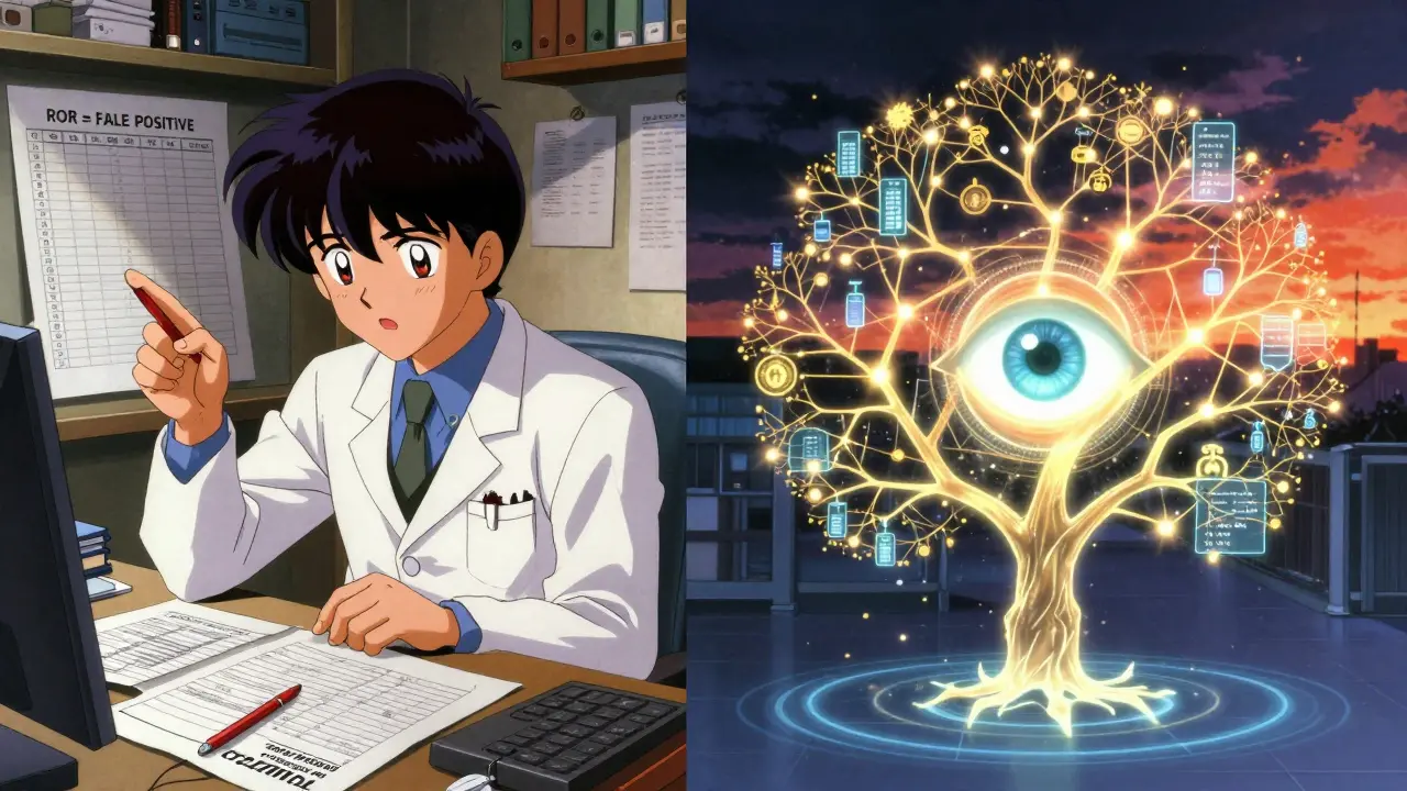 Split-panel retro anime: messy paper charts vs. holographic AI data tree revealing hidden drug risks.